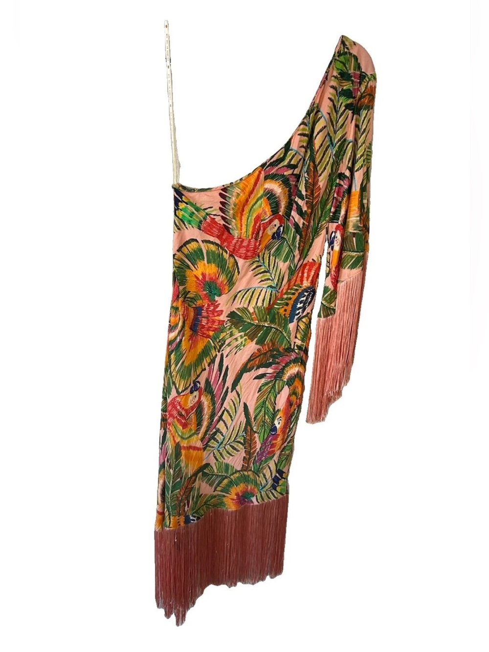 FARM Rio Macaw Leaves One Shoulder Fringe Midi Dress XL Parrot Tropical Rare - Picture 10 of 15